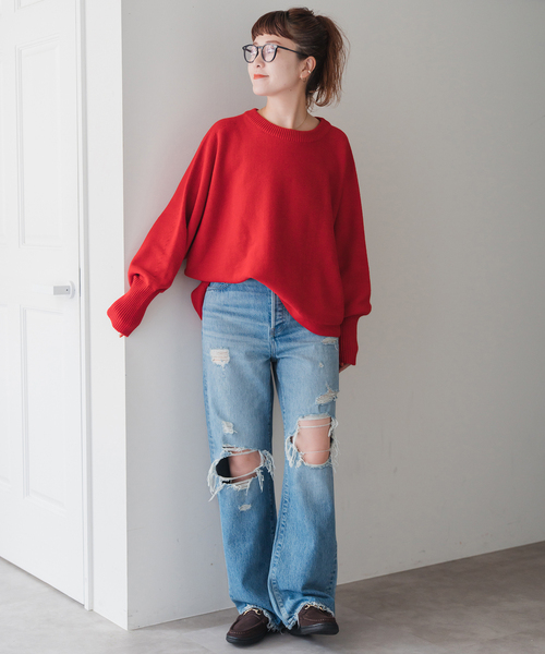 Spick & Span（スピックアンドスパン）の「《WEB限定 / 追加》 バルキーヤーンドルマンロングリブニット（ニット/セーター・レディース・チャコールグレー/レッド/ブラック/ホワイト×ホワイト・FREE）」の8枚目の写真