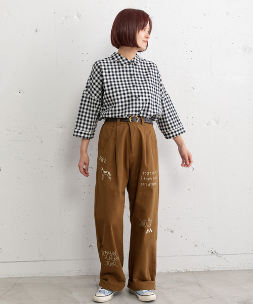 POU DOU DOU(プードゥドゥ)の「JOiEランダムロゴ刺繍パンツ(その他パンツ・レディース・キナリ/ブラウン/ネイビー・M)」の5枚目の写真