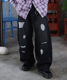 ILL'S | AW バレルレッグ ペインドデニムパンツ ダメージ ダブルニーデニム デニムカーブパンツ メンズ レディース ユニセックス 【ILL'S】(デニムパンツ)