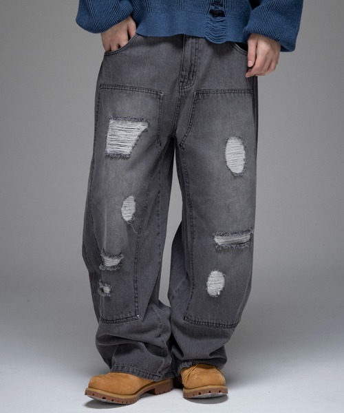 ILL'S（イルズ）の「AW バレルレッグ ペインドデニムパンツ ダメージ ダブルニーデニム デニムカーブパンツ メンズ レディース ユニセックス 【ILL'S】（デニムパンツ・メンズ・ブラック/サックスブルー/ブルー系その他/グレー系その他/ブルー系その他2/ブラック系その他・M/L）」の4枚目の写真