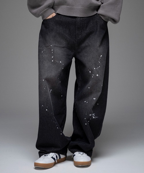 ILL'S（イルズ）の「AW バレルレッグ ペインドデニムパンツ ダメージ ダブルニーデニム デニムカーブパンツ メンズ レディース ユニセックス 【ILL'S】（デニムパンツ・メンズ・ブラック/サックスブルー/ブルー系その他/グレー系その他/ブルー系その他2/ブラック系その他・M/L）」の3枚目の写真