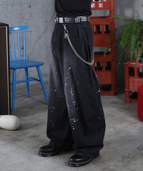 ILL'S（イルズ）の「AW バレルレッグ ペインドデニムパンツ ダメージ ダブルニーデニム デニムカーブパンツ メンズ レディース ユニセックス 【ILL'S】（デニムパンツ・メンズ・ブラック/サックスブルー/ブルー系その他/グレー系その他/ブルー系その他2/ブラック系その他・M/L）」の8枚目の写真