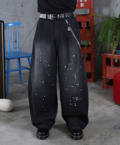 ILL'S（イルズ）の「AW バレルレッグ ペインドデニムパンツ ダメージ ダブルニーデニム デニムカーブパンツ メンズ レディース ユニセックス 【ILL'S】（デニムパンツ・メンズ・ブラック/サックスブルー/ブルー系その他/グレー系その他/ブルー系その他2/ブラック系その他・M/L）」の7枚目の写真