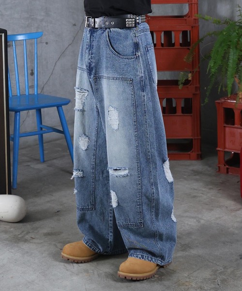 ILL'S（イルズ）の「AW バレルレッグ ペインドデニムパンツ ダメージ ダブルニーデニム デニムカーブパンツ メンズ レディース ユニセックス 【ILL'S】（デニムパンツ・メンズ・ブラック/サックスブルー/ブルー系その他/グレー系その他/ブルー系その他2/ブラック系その他・M/L）」の10枚目の写真