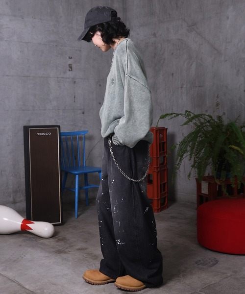 ILL'S(イルズ)の「バレルレッグ ペインドデニムパンツ ダメージ ダブルニーデニム デニムカーブパンツ メンズ レディース ユニセックス(デニムパンツ・メンズ・ブラック/サックスブルー/ブルー系その他/グレー系その他/ブルー系その他2/ブラック系その他・M/L)」の22枚目の写真