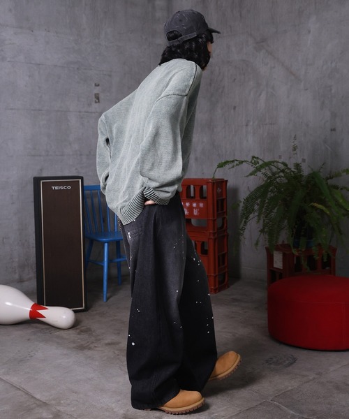 ILL'S(イルズ)の「バレルレッグ ペインドデニムパンツ ダメージ ダブルニーデニム デニムカーブパンツ メンズ レディース ユニセックス(デニムパンツ・メンズ・ブラック/サックスブルー/ブルー系その他/グレー系その他/ブルー系その他2/ブラック系その他・M/L)」の19枚目の写真