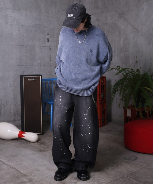 ILL'S(イルズ)の「バレルレッグ ペインドデニムパンツ ダメージ ダブルニーデニム デニムカーブパンツ メンズ レディース ユニセックス(デニムパンツ・メンズ・ブラック/サックスブルー/ブルー系その他/グレー系その他/ブルー系その他2/ブラック系その他・M/L)」の17枚目の写真