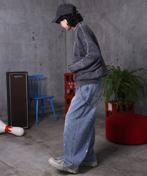 ILL'S（イルズ）の「AW バレルレッグ ペインドデニムパンツ ダメージ ダブルニーデニム デニムカーブパンツ メンズ レディース ユニセックス 【ILL'S】（デニムパンツ・メンズ・ブラック/サックスブルー/ブルー系その他/グレー系その他/ブルー系その他2/ブラック系その他・M/L）」の20枚目の写真