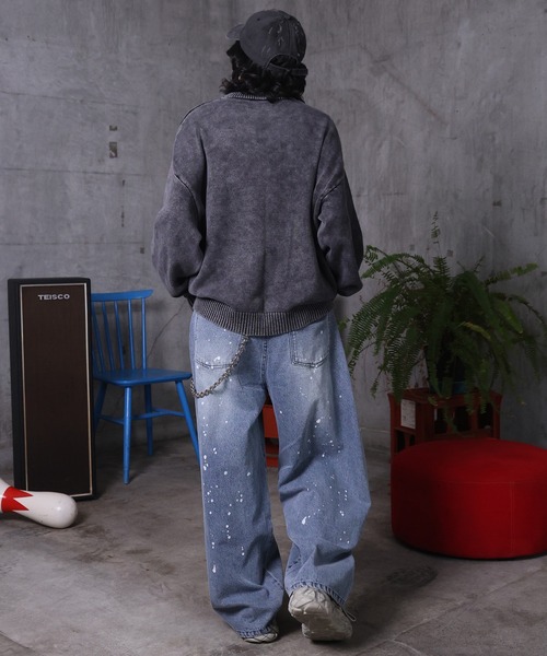 ILL'S（イルズ）の「AW バレルレッグ ペインドデニムパンツ ダメージ ダブルニーデニム デニムカーブパンツ メンズ レディース ユニセックス 【ILL'S】（デニムパンツ・メンズ・ブラック/サックスブルー/ブルー系その他/グレー系その他/ブルー系その他2/ブラック系その他・M/L）」の17枚目の写真