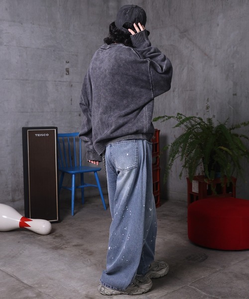 ILL'S（イルズ）の「AW バレルレッグ ペインドデニムパンツ ダメージ ダブルニーデニム デニムカーブパンツ メンズ レディース ユニセックス 【ILL'S】（デニムパンツ・メンズ・ブラック/サックスブルー/ブルー系その他/グレー系その他/ブルー系その他2/ブラック系その他・M/L）」の18枚目の写真