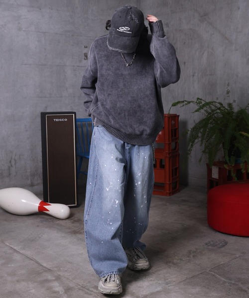 ILL'S（イルズ）の「AW バレルレッグ ペインドデニムパンツ ダメージ ダブルニーデニム デニムカーブパンツ メンズ レディース ユニセックス 【ILL'S】（デニムパンツ・メンズ・ブラック/サックスブルー/ブルー系その他/グレー系その他/ブルー系その他2/ブラック系その他・M/L）」の21枚目の写真