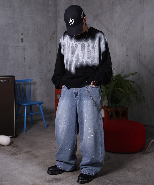 ILL'S（イルズ）の「AW バレルレッグ ペインドデニムパンツ ダメージ ダブルニーデニム デニムカーブパンツ メンズ レディース ユニセックス 【ILL'S】（デニムパンツ・メンズ・ブラック/サックスブルー/ブルー系その他/グレー系その他/ブルー系その他2/ブラック系その他・M/L）」の15枚目の写真