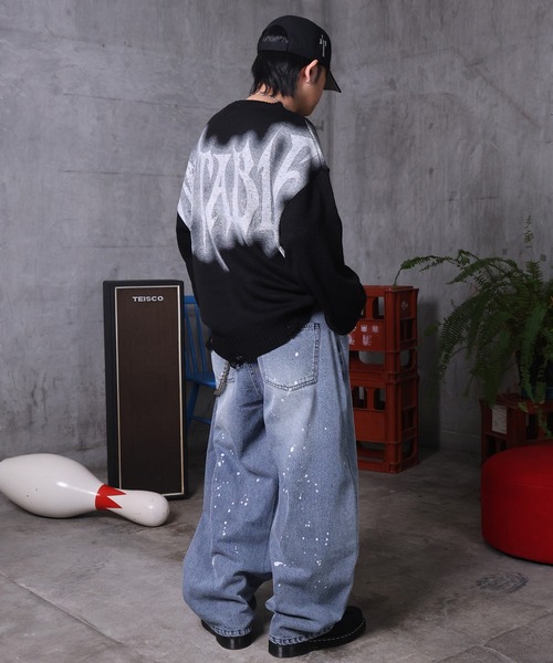 ILL'S（イルズ）の「AW バレルレッグ ペインドデニムパンツ ダメージ ダブルニーデニム デニムカーブパンツ メンズ レディース ユニセックス 【ILL'S】（デニムパンツ・メンズ・ブラック/サックスブルー/ブルー系その他/グレー系その他/ブルー系その他2/ブラック系その他・M/L）」の14枚目の写真