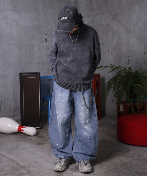 ILL'S（イルズ）の「AW バレルレッグ ペインドデニムパンツ ダメージ ダブルニーデニム デニムカーブパンツ メンズ レディース ユニセックス 【ILL'S】（デニムパンツ・メンズ・ブラック/サックスブルー/ブルー系その他/グレー系その他/ブルー系その他2/ブラック系その他・M/L）」の22枚目の写真