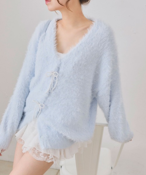 OLIVE des OLIVE（オリーブデオリーブ）の「ビーズリボンロングカーディガン（カーディガン/ボレロ・レディース・オフホワイト/サックスブルー/ピンク/ブラウン・FREE）」の3枚目の写真