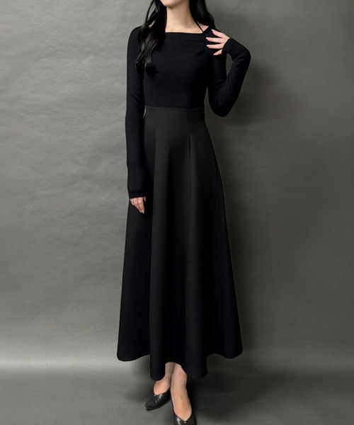 セール】ドッキングニットフレアワンピース【ペチスカートセット】[高