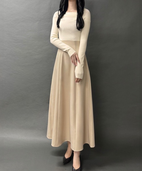 junoah（ジュノア）の「ドッキングニットフレアワンピース【ペチスカートセット】[高身長サイズMT有り]（ワンピース・レディース・アイボリー/ブラック/チャコール・MEDIUM/MT）」の10枚目の写真