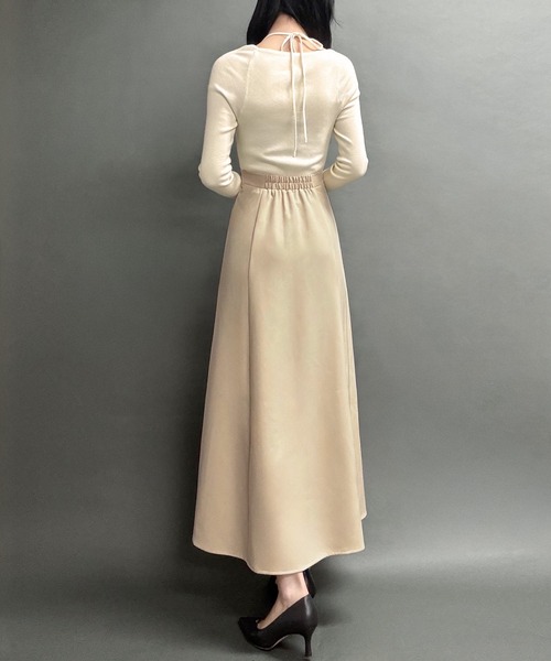 セール】ドッキングニットフレアワンピース【ペチスカートセット】[高