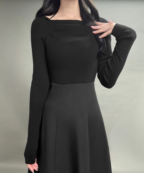 セール】ドッキングニットフレアワンピース【ペチスカートセット】[高