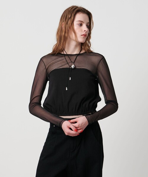 ASTRAET（アストラット）の「＜ASTRAET＞フライスxシアー コンビ クルーネックカットソー（Tシャツ/カットソー・レディース・ブラック/ホワイト・FREE）」の2枚目の写真