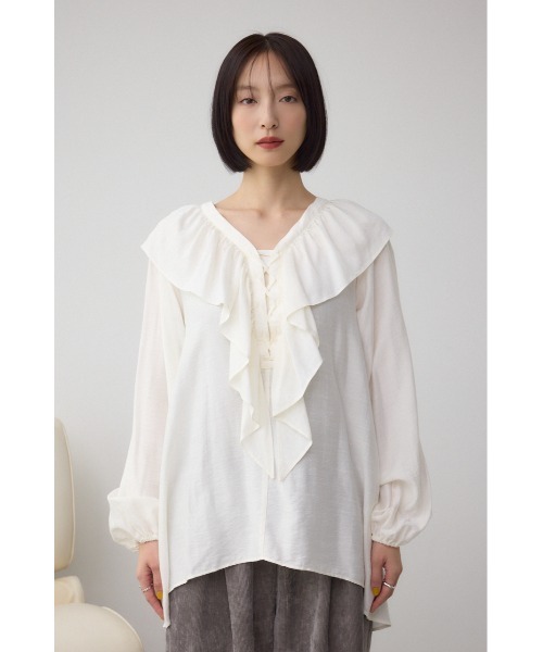 AZUL by moussy(アズールバイマウジー)の「【着丈バリエ】レースアップラッフルブラウス(シャツ/ブラウス・レディース・ブラック/サックスブルー/アイボリー・SMALL/MEDIUM)」の13枚目の写真