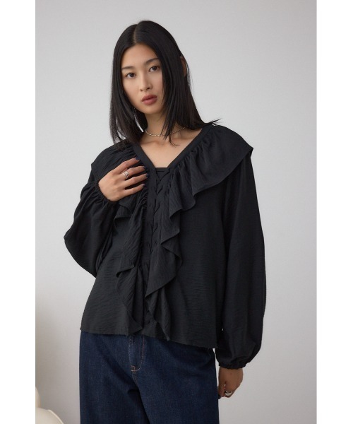 AZUL by moussy(アズールバイマウジー)の「【着丈バリエ】レースアップラッフルブラウス(シャツ/ブラウス・レディース・ブラック/サックスブルー/アイボリー・SMALL/MEDIUM)」の16枚目の写真