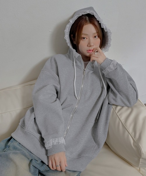 セール】レースフリルオーバーサイズジップアップフードパーカー