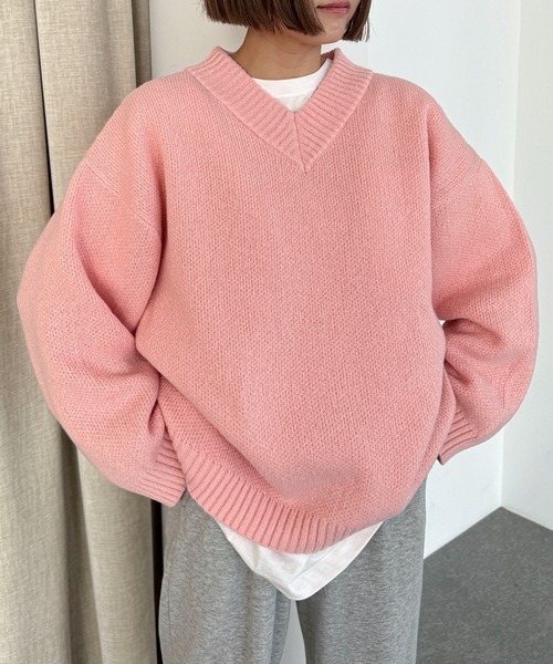 PILIT（ピリット）の「Vネックボリュームニット（ニット/セーター・レディース・サックスブルー/ピンク/ブルー/杢グレー・MEDIUM）」の8枚目の写真