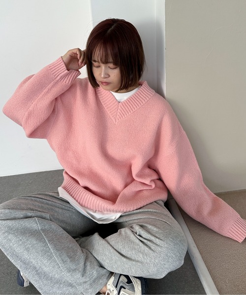 PILIT（ピリット）の「Vネックボリュームニット（ニット/セーター・レディース・サックスブルー/ピンク/ブルー/杢グレー・MEDIUM）」の13枚目の写真