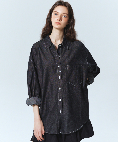 NICK&NICOLE(ニックアンドニコール)の「MINIMAL CLASSIC DENIM SHIRTS_BLACK(シャツ/ブラウス・レディース・その他・FREE)」の1枚目の写真