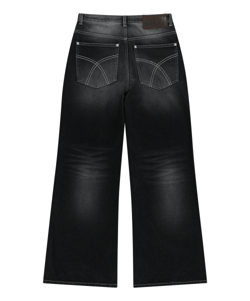 セール】Rhinestone Washed Denim Pants (Black)（デニムパンツ