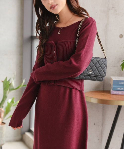 Petitle（プチレ）の「[ 低身長向けサイズ ] 2点セット ニットビスチェ×ワンピース（ワンピース・レディース・レッド/チャコール/ブラック・M-Short/PM）」の10枚目の写真