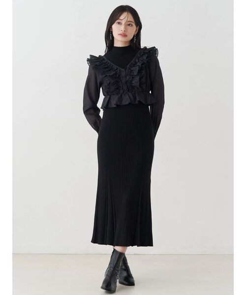 セール】異素材ドッキングラッフルニットワンピース（ワンピース