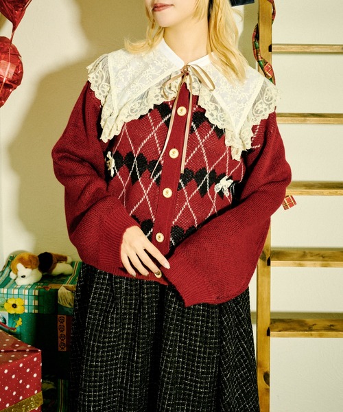 kutir（クティール）の「【クティールとレトロ】レースリボンハート柄アーガイルカーディガン（カーディガン/ボレロ・レディース・ネイビー/レッド・FREE）」の19枚目の写真