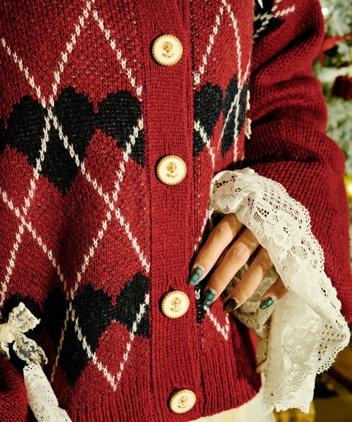 kutir（クティール）の「【クティールとレトロ】レースリボンハート柄アーガイルカーディガン（カーディガン/ボレロ・レディース・ネイビー/レッド・FREE）」の10枚目の写真