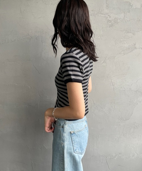 MILLER（ミラー）の「[MILLER/ミラー] 別注 クロップド丈 ボーダーヘンリーネックＴシャツ（Tシャツ/カットソー・レディース・レッド/チャコールグレー/ボルドー/ブラウン/サックスブルー・F）」の12枚目の写真