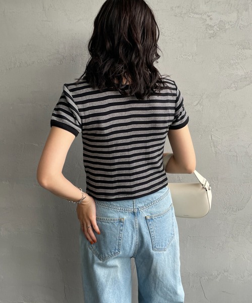 MILLER（ミラー）の「[MILLER/ミラー] 別注 クロップド丈 ボーダーヘンリーネックＴシャツ（Tシャツ/カットソー・レディース・レッド/チャコールグレー/ボルドー/ブラウン/サックスブルー・F）」の13枚目の写真