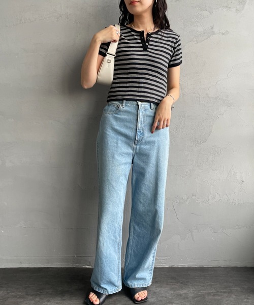 MILLER（ミラー）の「[MILLER/ミラー] 別注 クロップド丈 ボーダーヘンリーネックＴシャツ（Tシャツ/カットソー・レディース・レッド/チャコールグレー/ボルドー/ブラウン/サックスブルー・F）」の6枚目の写真
