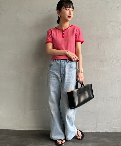 MILLER（ミラー）の「[MILLER/ミラー] 別注 クロップド丈 ボーダーヘンリーネックＴシャツ（Tシャツ/カットソー・レディース・レッド/チャコールグレー/ボルドー/ブラウン/サックスブルー・F）」の9枚目の写真