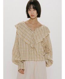 MIDIUMISOLID for Ladies チェックビッグフリルカラーブラウス