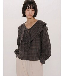 MIDIUMISOLID for Ladies チェックビッグフリルカラーブラウス