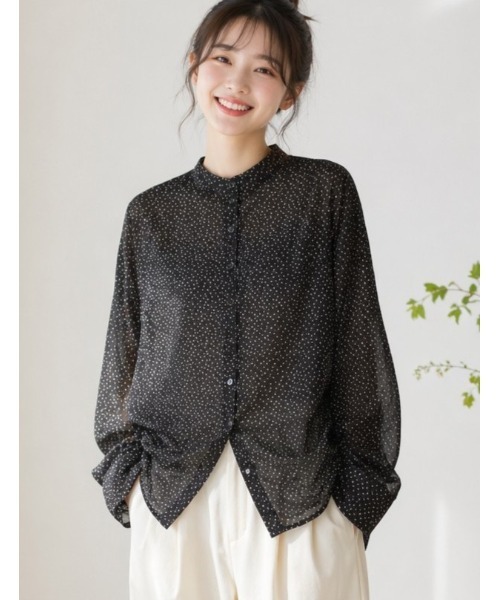 国産スタンドカラードット柄シャツ