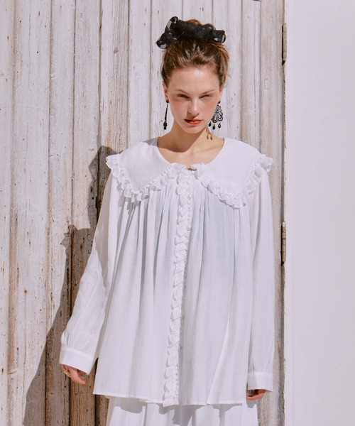 manana suerte（マニャーナスエルテ）の「レースカラーギャザーブラウス（シャツ/ブラウス・レディース・ブラック/ホワイト・FREE）」の7枚目の写真