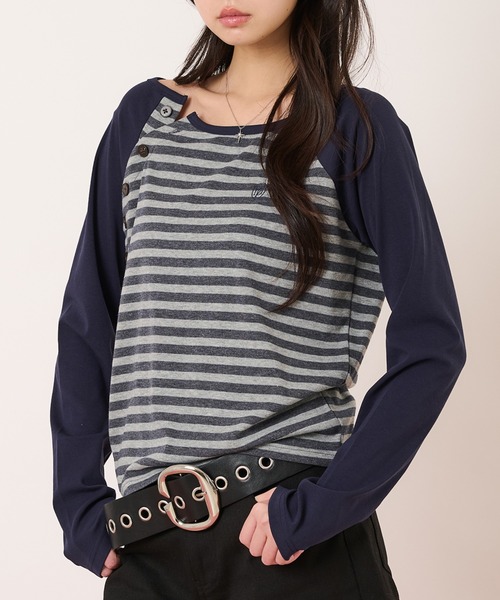 hazyl（ヘイジル）の「raglan design long-sleeved T-shirt/ラグランデザインロングスリーブTシャツ（Tシャツ/カットソー・レディース・ネイビー/チャコールグレー・フリー）」の2枚目の写真