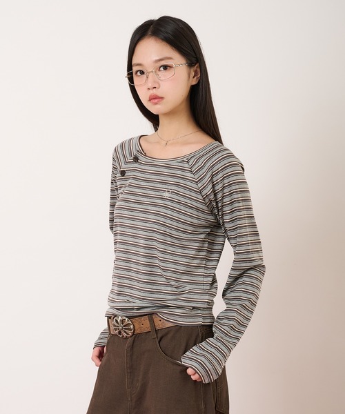 hazyl（ヘイジル）の「raglan design long-sleeved T-shirt/ラグランデザインロングスリーブTシャツ（Tシャツ/カットソー・レディース・ネイビー/チャコールグレー・フリー）」の21枚目の写真