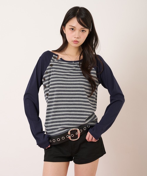 hazyl（ヘイジル）の「raglan design long-sleeved T-shirt/ラグランデザインロングスリーブTシャツ（Tシャツ/カットソー・レディース・ネイビー/チャコールグレー・フリー）」の5枚目の写真