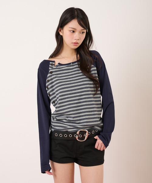 hazyl（ヘイジル）の「raglan design long-sleeved T-shirt/ラグランデザインロングスリーブTシャツ（Tシャツ/カットソー・レディース・ネイビー/チャコールグレー・フリー）」の6枚目の写真