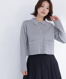 襟付き」に該当するカーディガン/ボレロ（グレー/灰色系）ファッション