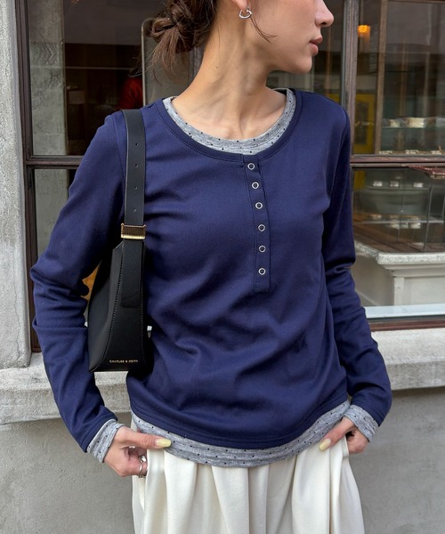 NOGLE（ノグル）の「【NOGLE/ノグル】ドットレイヤードヘンリーネックリブロンT（Tシャツ/カットソー・レディース・ブラック/ネイビー/グレー・FREE）」の3枚目の写真