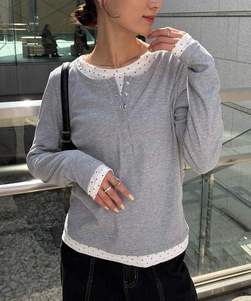 NOGLE（ノグル）の「【NOGLE/ノグル】ドットレイヤードヘンリーネックリブロンT（Tシャツ/カットソー・レディース・ブラック/ネイビー/グレー・FREE）」の2枚目の写真